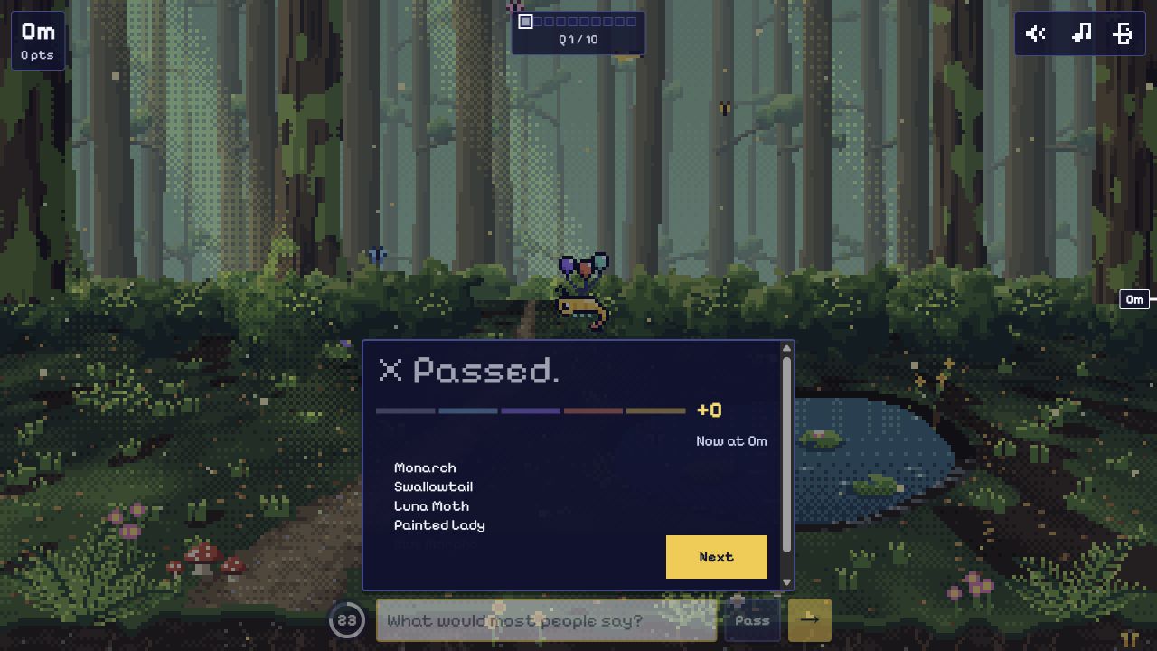 A passed first Daily question showing zero points and the next button